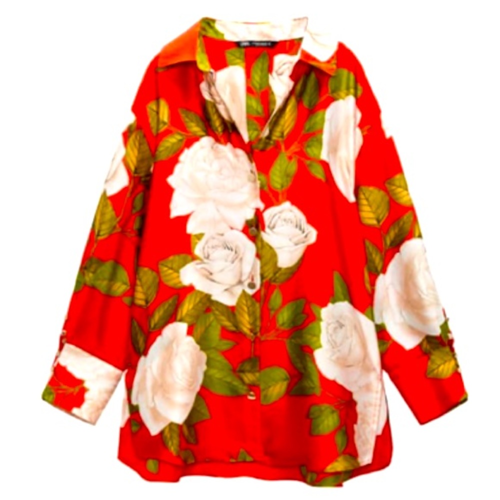 NWT sold out zara floral satin oversized red blouse xs HP!!